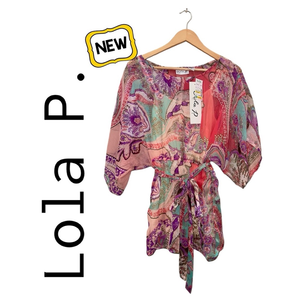 New LOLA P. 3-pc Blouse Semi-Sheer Short Dolman Sleeve Multi Color Cami Belt Med
